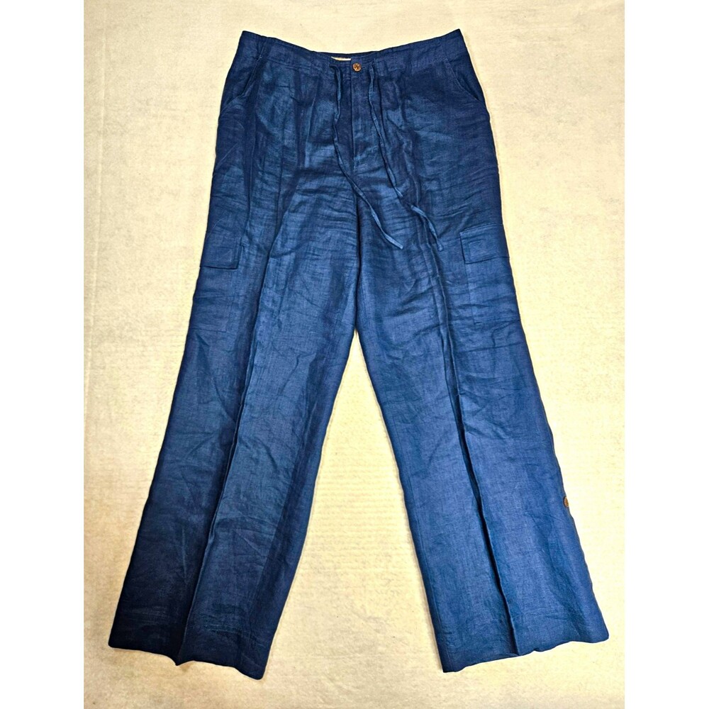 Caribbean Joe Women's Blue Linen Cargo Straight Leg Pants Pockets Mid Rise 12